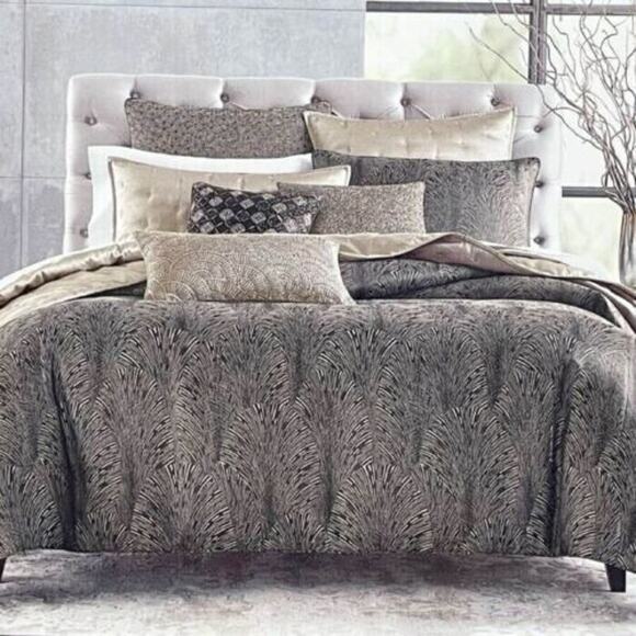 Hudson Park Brown/Silver Deco Fan Collection Duvet Comfort Cover Full/Queen - Picture 1 of 5